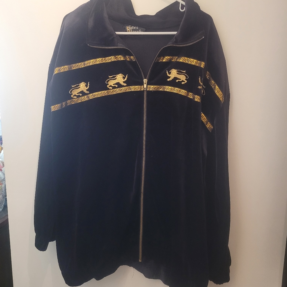 VTG Made In USA Silver Threads Velvety Velour Golden Griffin 3X Black Zip Up